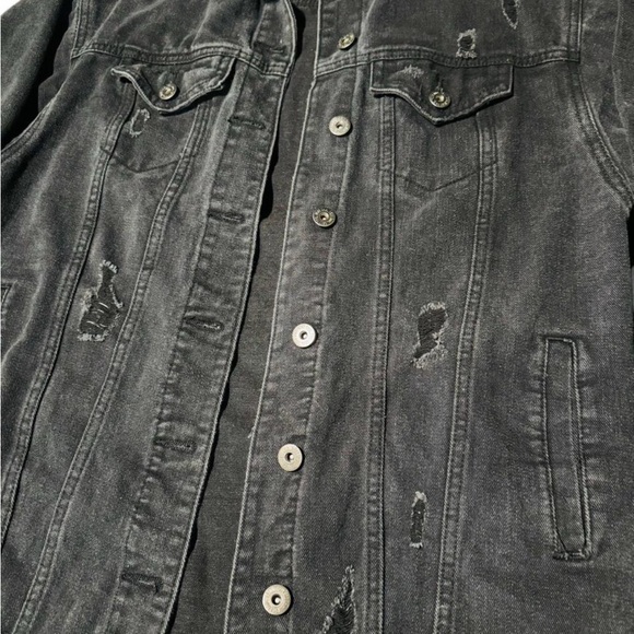 Acid Washed Charcoal Distressed Denim Grunge Jacket - Picture 3 of 8